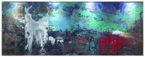 《中國(guó)工藝美術(shù)協(xié)會(huì)前廳壁畫(huà)》作者： 伊峻慷、吳守峰   材質(zhì)：青銅  藝術(shù)著色  尺寸：3.7x1.42m  安放：北京 